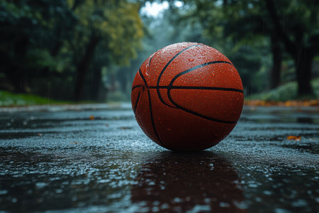A basketball sits alone on a wet road, glistening with raindrops as evening sets in under a cloudy sky.の写真素材
