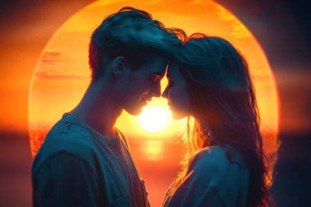 A couple shares an intimate moment while the sun sets behind them, casting warm colors in the sky.の写真素材