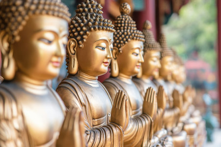 A row of golden Buddha statues stands peacefully in a temple garden, surrounded by lush greenery.の写真素材