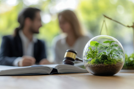 A couple engages in a conversation about environmental law, surrounded by greenery and a gavel.の写真素材