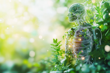 A transparent figure stands among vibrant plants, symbolizing the connection between humanity and nature.の写真素材