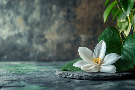 A delicate white flower is placed on a stone with vibrant green leaves nearby, creating a calm atmosphere.の写真素材