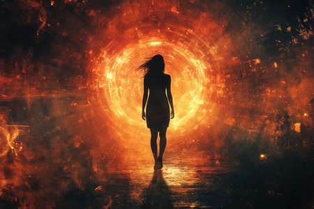 A person approaches a vibrant, glowing portal amidst a backdrop of swirling flames.の写真素材