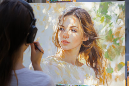An artist captures a portrait of a young woman in soft light during a sunny day in springtime.の写真素材