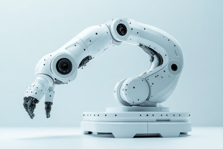 A sophisticated robotic arm is displayed on a pedestal in a clean, modern workspace.の写真素材