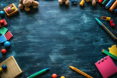 A vibrant collection of toys and stationery is spread out on a dark surface, inviting creativity and play.の写真素材
