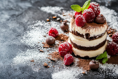 A beautifully layered chocolate dessert topped with fresh raspberries and mint leaves on a dark surface.の写真素材