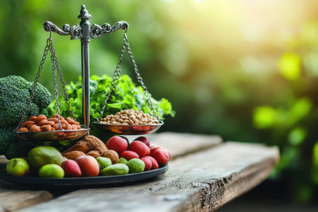 A detailed display of nuts, fresh fruits, and vegetables on a balance scale outdoors, showing healthy eating.の写真素材