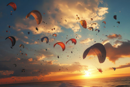 Numerous paragliders soar through the vibrant sky, enjoying the stunning sunset over the coastline.の写真素材