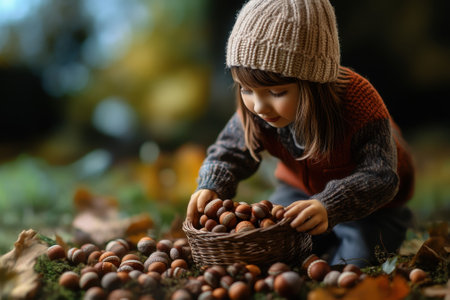 A young child collects acorns in a forest, surrounded by colorful fall leaves and natural beauty.の写真素材