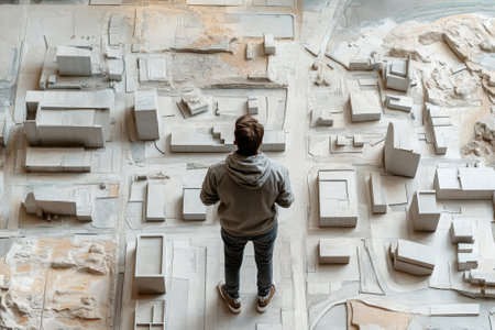 Person stands focused on an intricate model representing a city, examining the details closely.の写真素材
