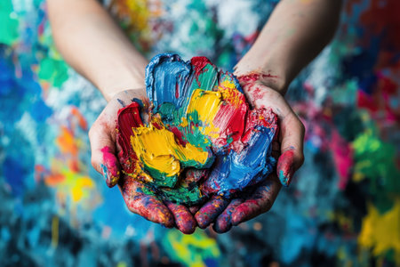 Hands with vibrant paint showcase the joy of creativity against a colorful background.の写真素材