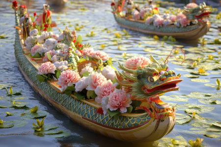 Dragon boats decorated with vibrant flowers navigate calm waters filled with lily pads under bright sunlight.の写真素材