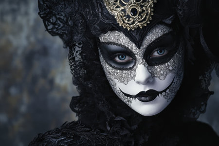 A captivating figure adorned in elaborate lace and striking face paint captures attention at a festive gathering.の写真素材