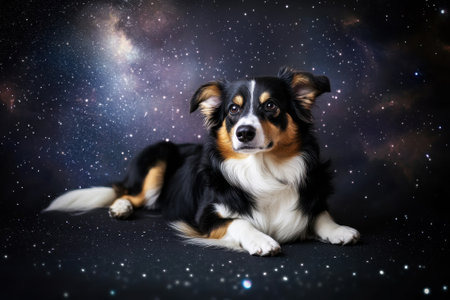 A dog lays calmly against a stunning starry backdrop, embodying a peaceful and cosmic vibe during nighttime.の写真素材