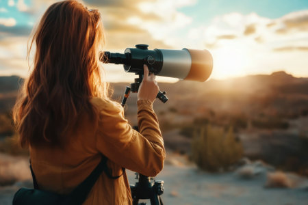 A woman uses a telescope to observe the sunset over a vast desert while standing on a rocky terrain.の写真素材