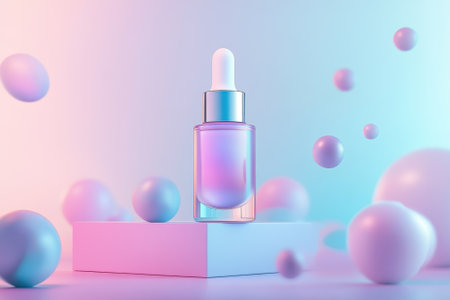 A glass serum bottle with a dropper is showcased against a pastel background with floating colorful bubbles.の写真素材
