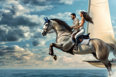 Riders on a horse skillfully jump over ocean waves alongside a sailboat, showcasing an exciting adventure.の写真素材