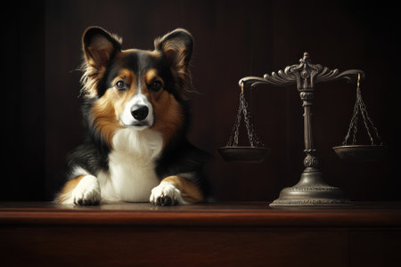 A dog rests its paws on a wooden desk next to an antique scale symbolizing justice in a dimly lit room.の写真素材