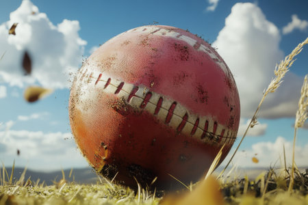 A weathered ball sits on green grass, surrounded by scattered leaves under a clear sky filled with clouds.の写真素材
