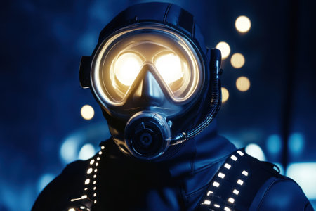 Diver explores a vibrant underwater environment at night, showing advanced technology in the suit.の写真素材