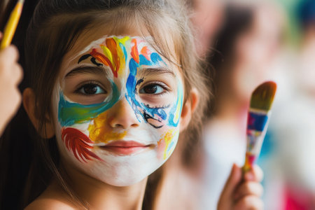 A young child with vibrant face paint beams joyfully, holding a paintbrush during a celebration.の写真素材
