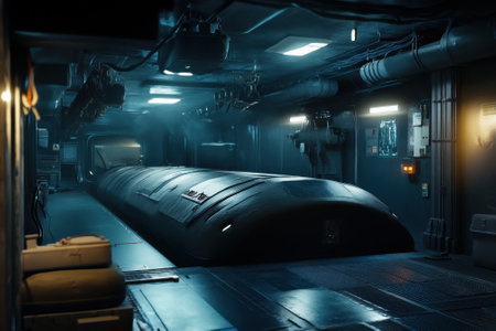 A sleek transport pod rests silently in a dark, high-tech industrial facility, illuminated by dim lights.の写真素材