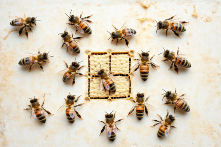 Bees gather around the honeycomb in a beehive, showing their hardworking nature on a bright day.の写真素材