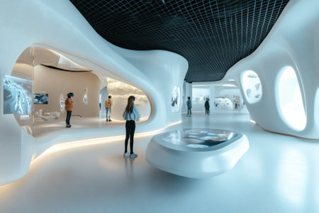 Visitors explore a contemporary art gallery with unique architecture and engaging digital installations.の写真素材