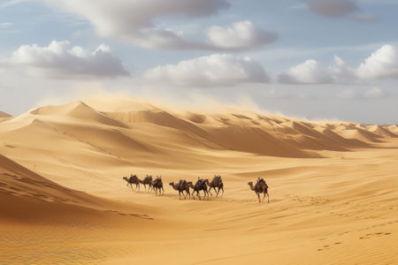 A caravan of camels moves steadily across expansive golden sand dunes beneath a partly cloudy sky.の写真素材