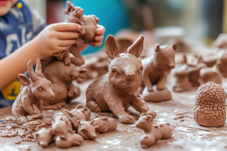 Children are working on crafting detailed animal sculptures from clay, showing their creativity and skills.の写真素材