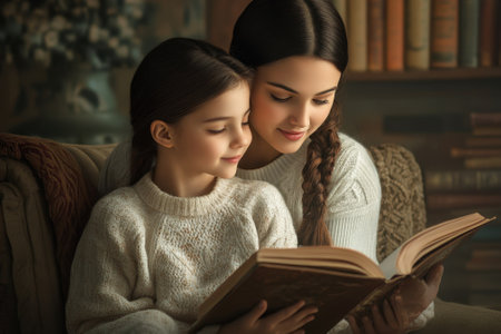 A mother and daughter sit closely, captivated by a book as they share a tender moment at home.の写真素材