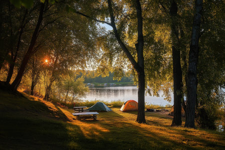 Camping area next to a tranquil lake at sunset with tents pitched and a picnic table under trees.の写真素材
