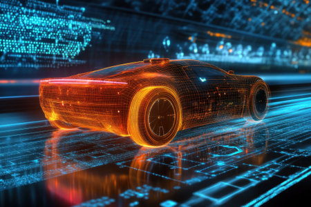 A sleek, glowing car is driving along a digital road, surrounded by bright neon lights and data streams.の写真素材