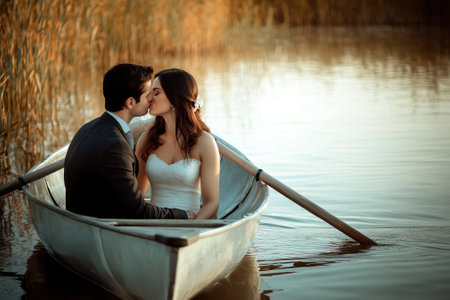 A couple is enjoying a heartfelt kiss in a boat on a calm lake surrounded by tall grasses during sunset.の写真素材