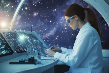 A scientist in a lab coat analyzes star charts and data panels in a state-of-the-art space observatory.の写真素材