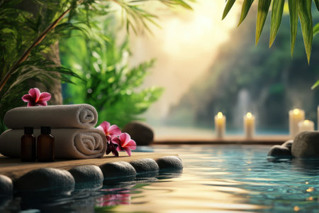 Soft towels and candles lie next to a peaceful water setting adorned with lush greenery and flowers.の写真素材