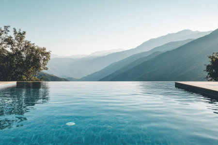 Infinity pool reflects morning light, providing a peaceful view of distant mountains and calm surroundings.の写真素材