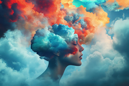 A woman's profile is enveloped in vivid clouds, symbolizing thoughts, dreams, and creativity in a surreal manner.の写真素材