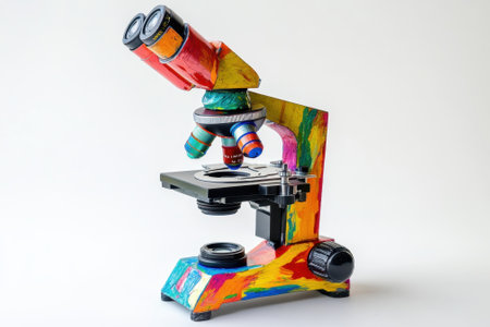Brightly colored microscope stands on a plain backdrop, highlighting its artistic features and practical use.の写真素材