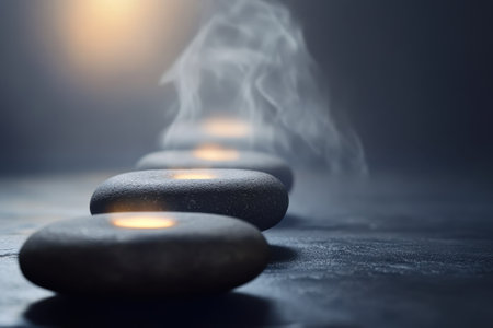 Four smooth stones are gently steaming, arranged in a serene space, evoking relaxation and tranquility.の写真素材