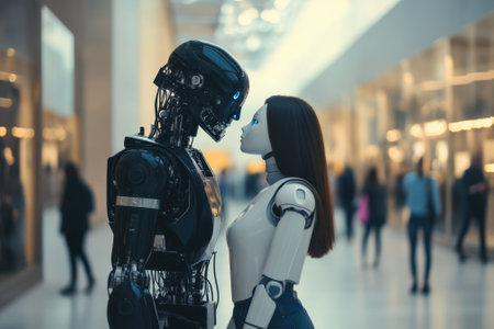 Two humanoid robots face each other with intense expressions in a busy, modern shopping mall.の写真素材