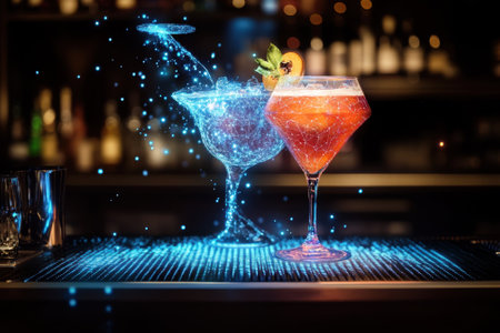 Two vibrant cocktails glow with digital enhancements on a sleek bar at night, capturing a lively atmosphere.の写真素材