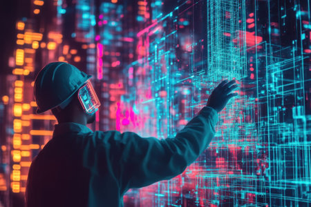A person in a hard hat examines neon digital interfaces, exploring data in a vibrant, high-tech setting.の写真素材