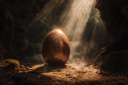A large, radiant egg rests on the ground in a shadowy cave, bathed in light and surrounded by mist.の写真素材