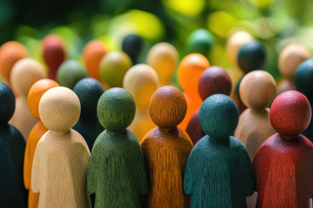 Wooden figures in various colors stand together in a natural setting, symbolizing unity and diversity.の写真素材