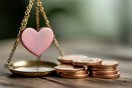 A heart-shaped weight rests on a scale next to a stack of coins, symbolizing love versus wealth.の写真素材