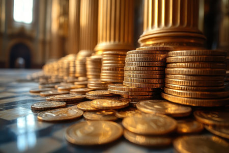 Gold coins are piled around ornate marble columns, reflecting the light in a lavish setting.の写真素材