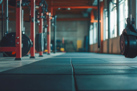 Heavy weights and exercise machines are visible in a bright gym as sunlight filters through large windows.の写真素材