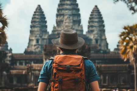 Traveling through Cambodia, a person admires the majestic architecture of Angkor Wat's temples under a blue sky.の写真素材